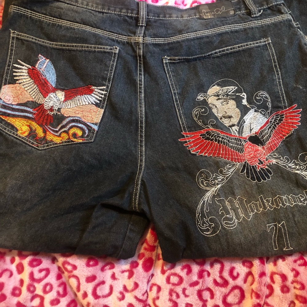 Men’s 2pac Embroidered Dark Wash Jeans with Red Eagle Accent